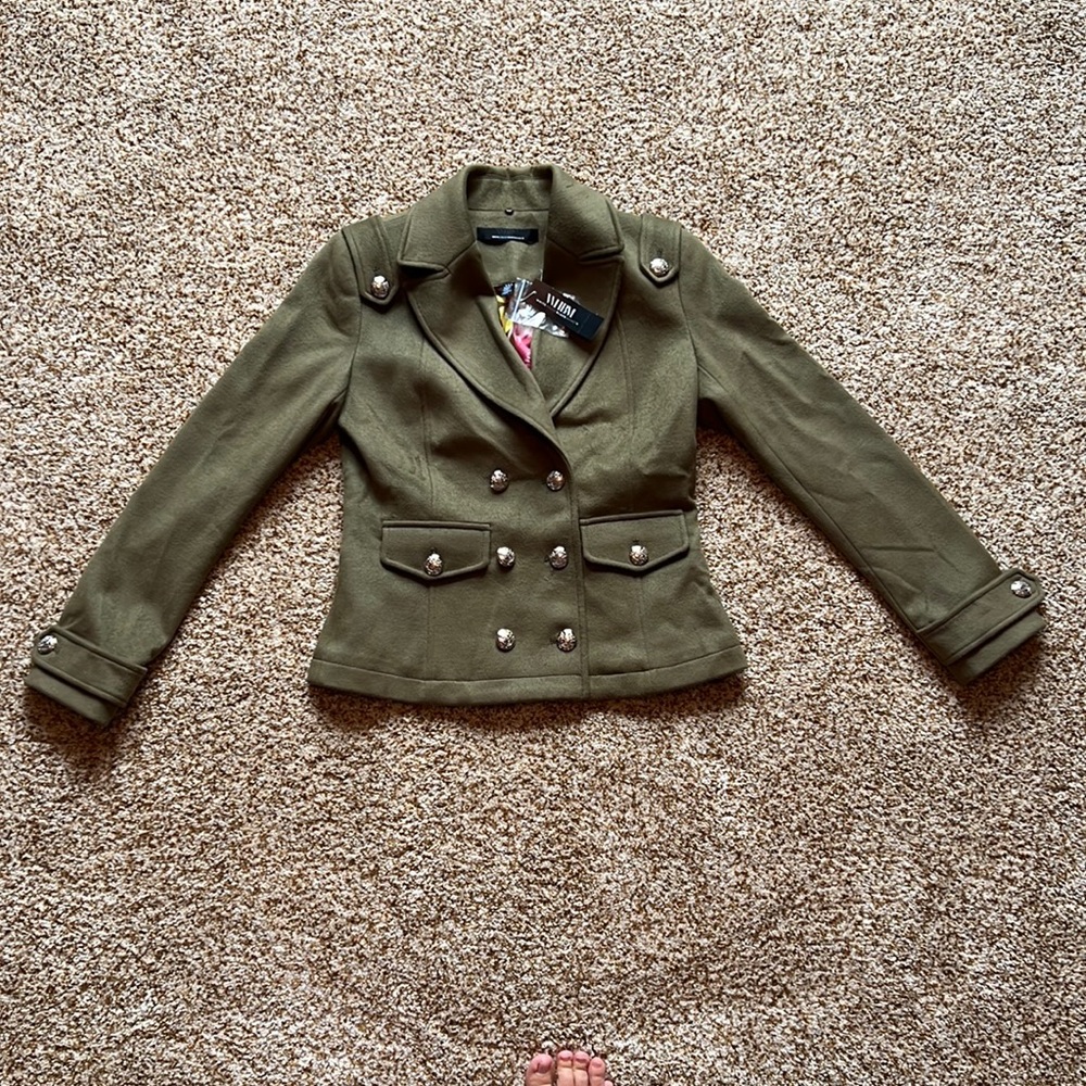 White House Black Market dark golden moss green peacoat NWT